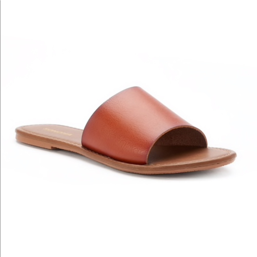 Brown orange faux leather band sandals 7.5
